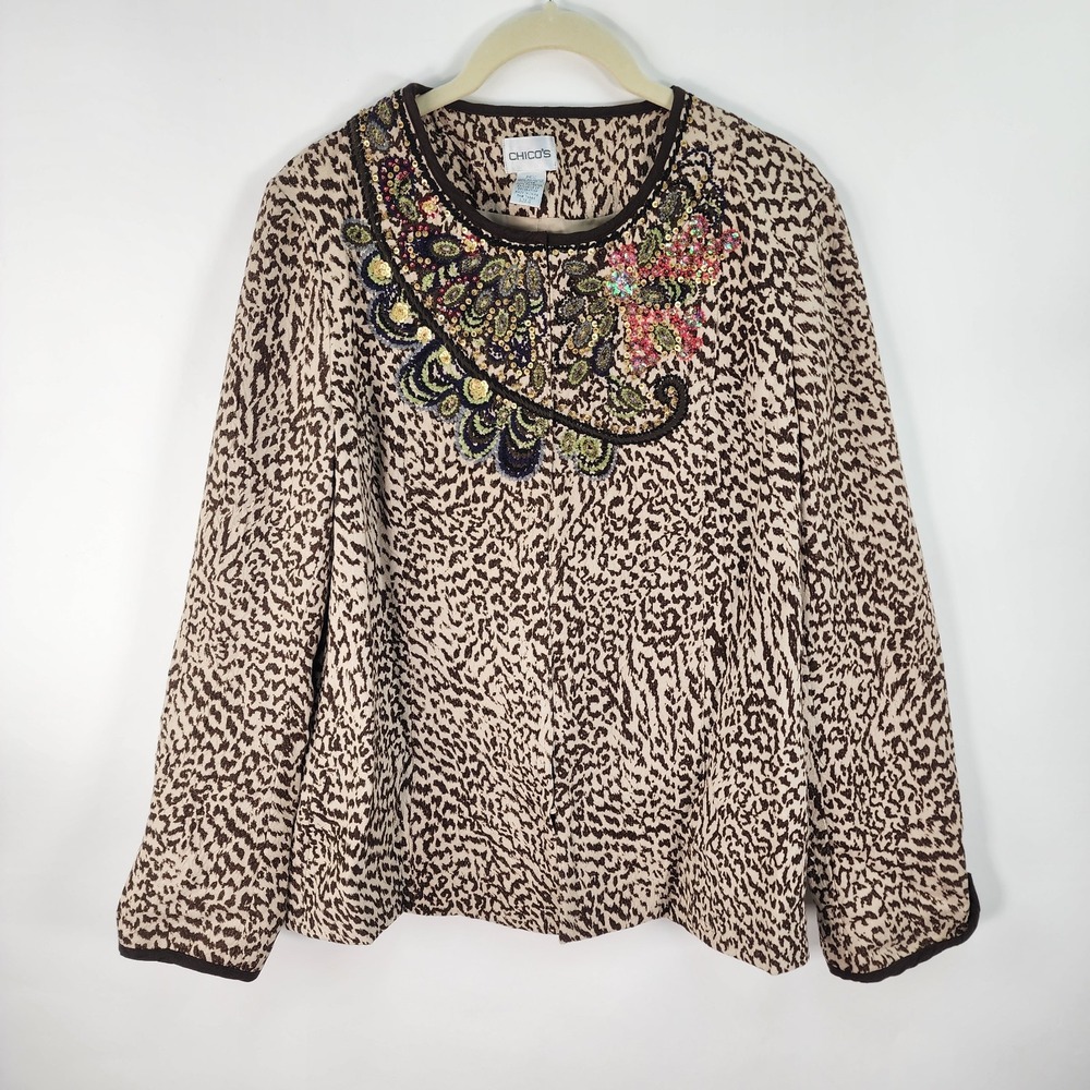 Chico's‎ Blazer Women's 0 Leopard Embroidered Embellished Faux Suede Old Money